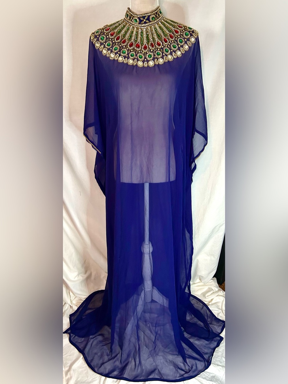 Royal Blue Sheer Hand Beaded Gold, Multicolor Farasha Kaftan Gown, Free Size - Picture 3 of 17